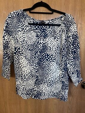 Talbots Navy and White Print Peasant Blouse